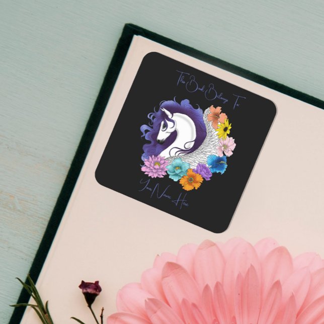 Sticker Carré Ex-libris Pegasus Black Floral  (Créateur téléchargé)