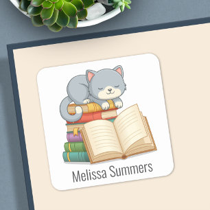 Sticker Carré Ex-libris personnalisé avec un chat mignon sur une