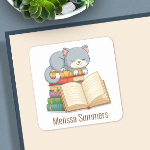 Sticker Carré Ex-libris personnalisé avec un livre empilé et un 
