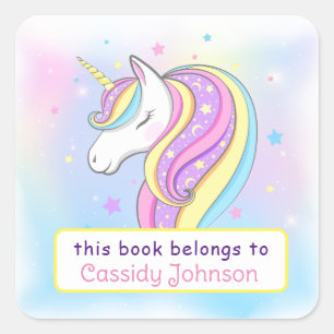 Sticker Carré Ex-libris personnalisé licorne arc-en-ciel pastel