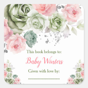 Sticker Carré Ex-libris pour Baby Shower avec Fleurs Roses et Ve