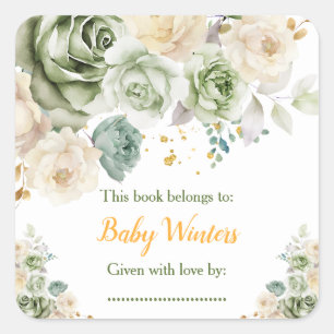 Sticker Carré Ex-libris pour Baby Shower Fleur floral Vert Sauge