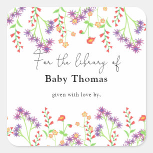 Sticker Carré Ex-libris pour Baby Shower Fleurs sauvages, livres