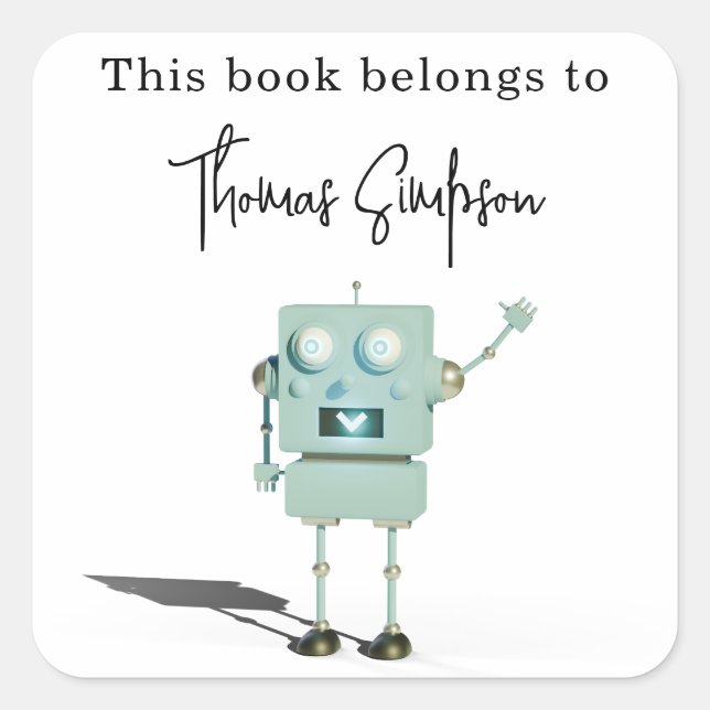 Sticker Carré Ex-libris pour baby shower - robot 3D (Devant)