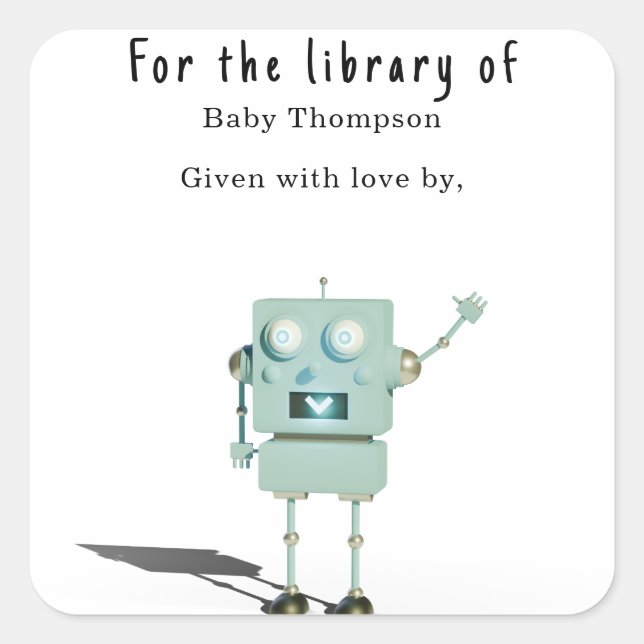 Sticker Carré Ex-libris pour baby shower - robot 3D (Devant)