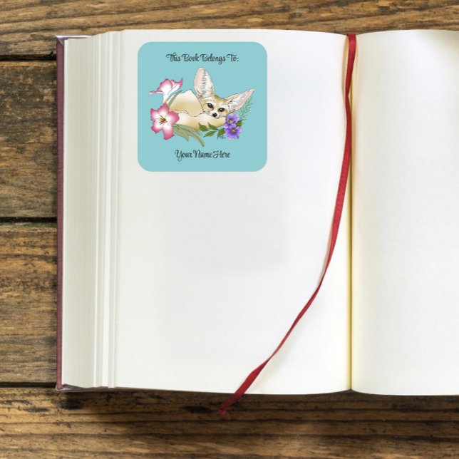 Sticker Carré Ex-libris Renard Fennec Rose Fleurs Violettes Mign (Créateur téléchargé)