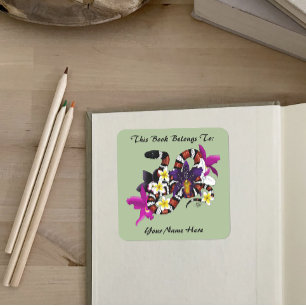 Sticker Carré Ex-libris Serpent Lait Floral Exotique Vert