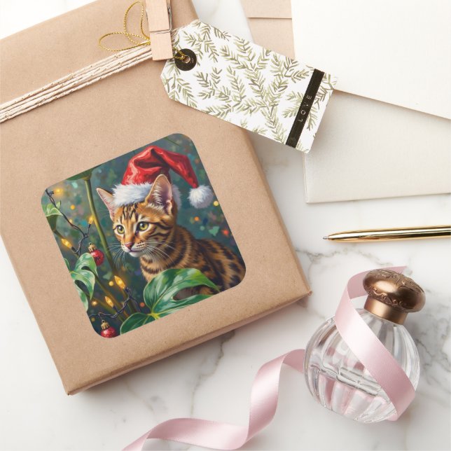 Sticker Carré Exotic Bengal Cat Jungle Christmas Playtime Art (Cadeaux)