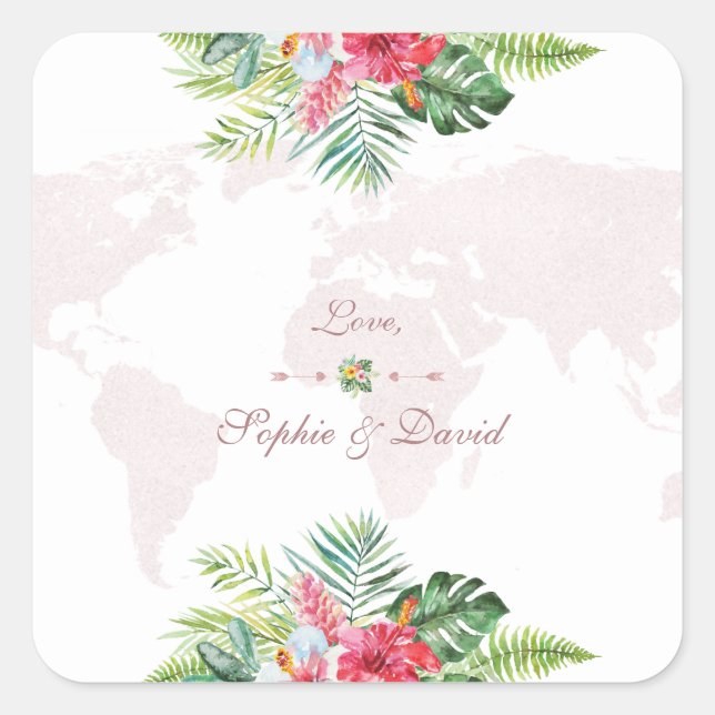 Sticker Carré Exotic Tropical Floral Gold World Map Mariage (Devant)