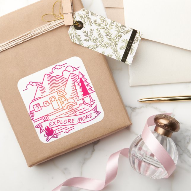 Sticker Carré Explorez Plus Camper Rose Van Mountain Nature Love (Cadeaux)