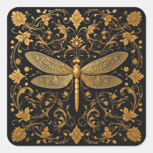 Sticker Carré Exquise Libellule Dorée avec Art Floral