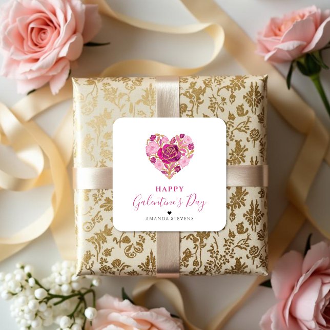Sticker Carré Exquisite Pink Floral Heart Galentine's Day Party  (Exquisite Floral Heart Galentine's Day Square Paper Stickers for Your Best Friends in Pink Shades.)