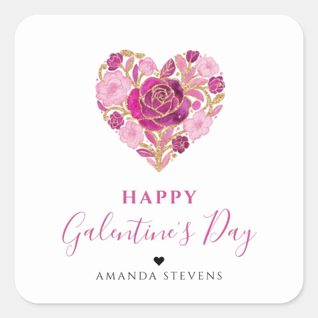 Sticker Carré Exquisite Pink Floral Heart Galentine's Day Party  (Devant)