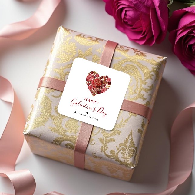 Sticker Carré Exquisite Red Floral Heart Galentine's Day Party  (Exquisite Floral Heart Galentine's Day Party Square Stickers for Your Best Friends in Red Shades.)
