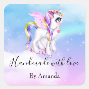 Sticker Carré Fabriqué à la main avec amour Belle licorne avec a