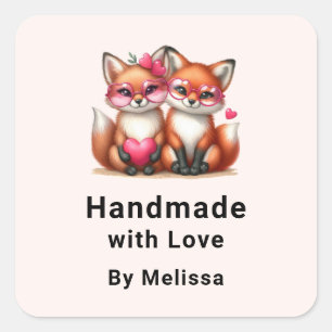 Sticker Carré Fabriqué à la main avec amour mignon renards orang