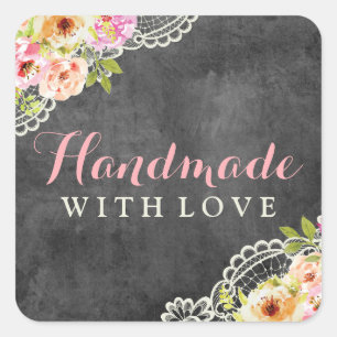 Sticker Carré Fabriqué à la main avec amour Rustique Chalkboard 