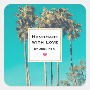 Sticker Carré Fabriqué à la main avec amour Tropical Palm Trees