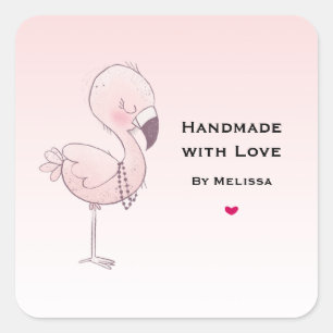 Sticker Carré Fabriqué à la main avec l'amour mignon Flamant ros