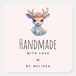 Sticker Carré Fabriqué à la main avec l'amour mignonne bébé cerf