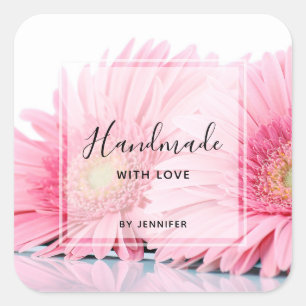 Sticker Carré Fabriqué à la main avec Love Pink Gerbera Daisies
