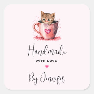 Sticker Carré Fabriqué à la main avec un chaton d'amour dans un