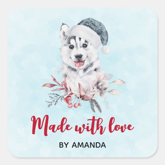 Sticker Carré Fabriqué avec amour Chien Husky de Noël dans un ch (Devant)