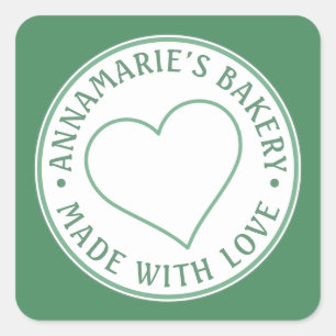 Sticker Carré Fabriqué avec amour Coeur personnalisé Vert maison