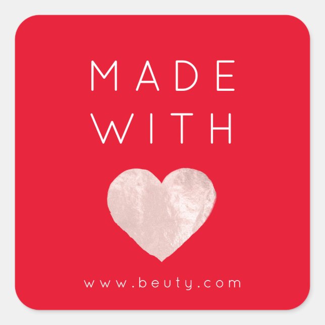 Sticker Carré Fabriqué Avec Amour Coeur rose Nom Web Simplement  (Devant)