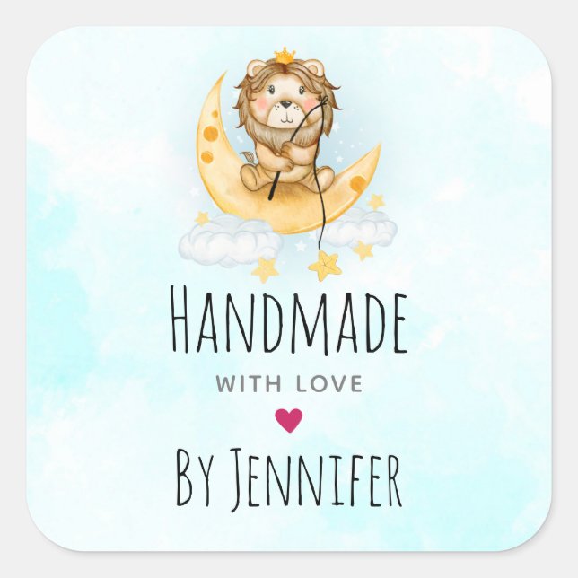 Sticker Carré Fabriqué avec amour Cute Lion Pêche sur la Lune (Devant)