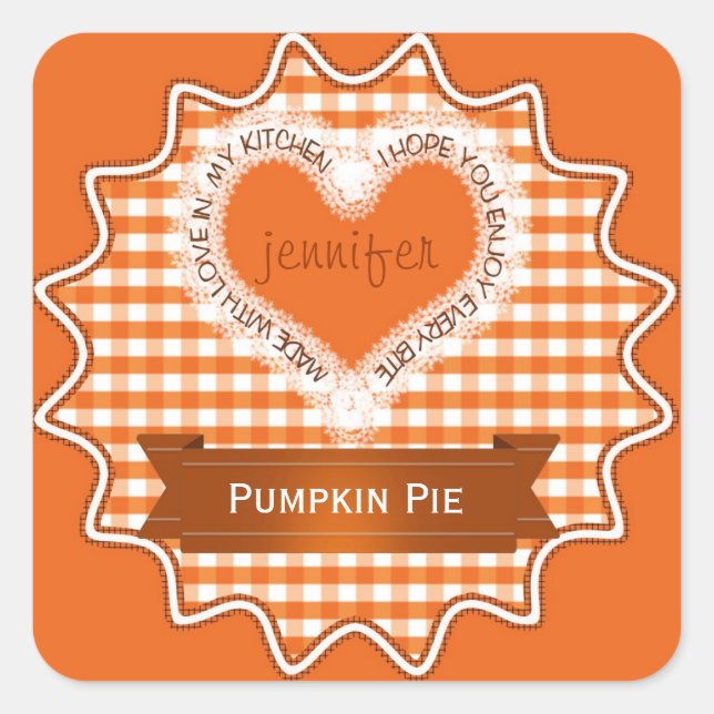 Sticker Carré Fabriqué avec amour En vichy orange (Devant)