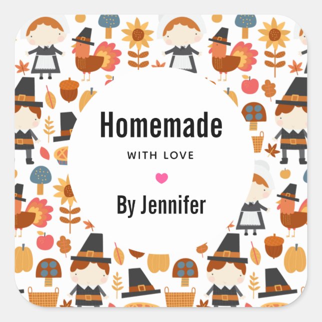 Sticker Carré Fabriqué avec amour Thanksgiving Motif (Devant)
