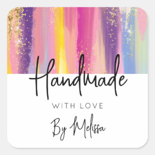 Sticker Carré Fabriqué avec l'amour Rainbow Stripes avec Parties