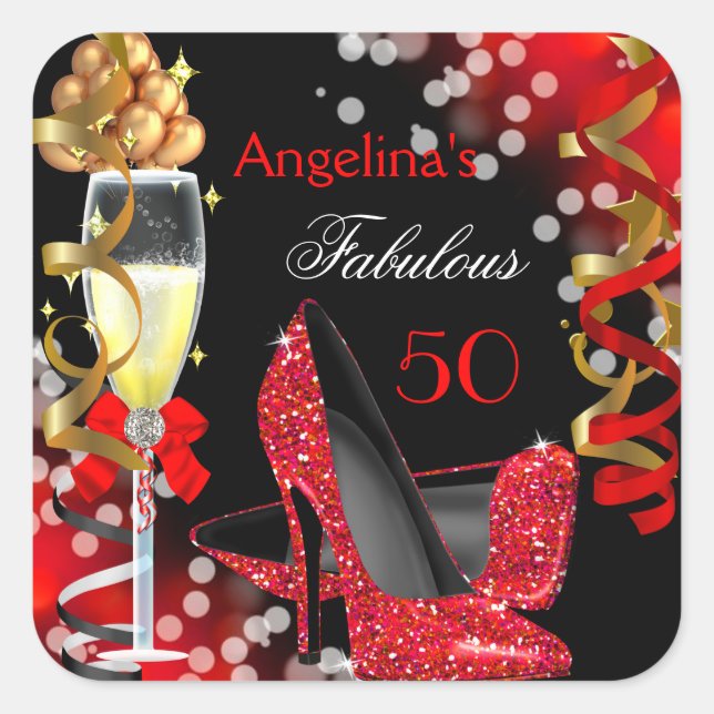 Sticker Carré Fabuleux 50 Red Heels Gold Bubbles Anniversaire (Devant)