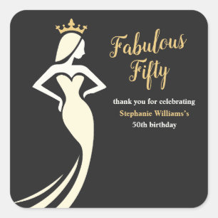 Sticker Carré Fabulous Fifty Reine Golden Noir 50e Anniversaire
