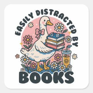 Sticker Carré Facilement Distrait par les Livres Joli Oison Bibl