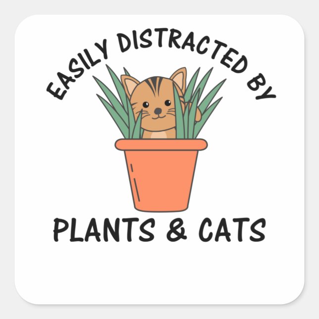Sticker Carré Facilement Distrait Par Plantes Et Chats Plante Ch (Devant)