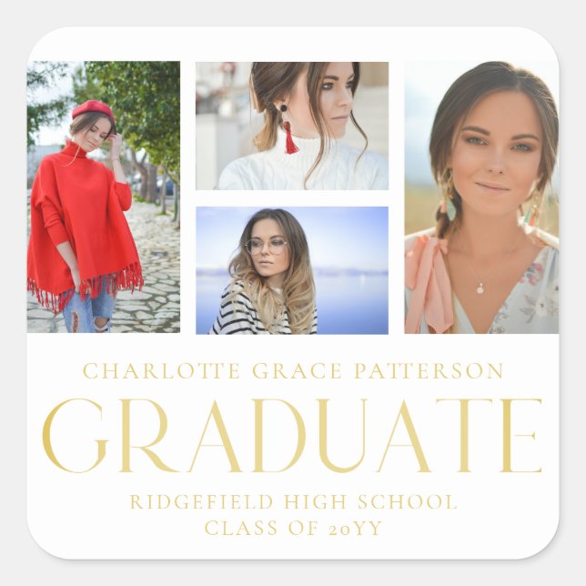 Sticker Carré Faire-part de graduation multi-photo de script sim (Devant)