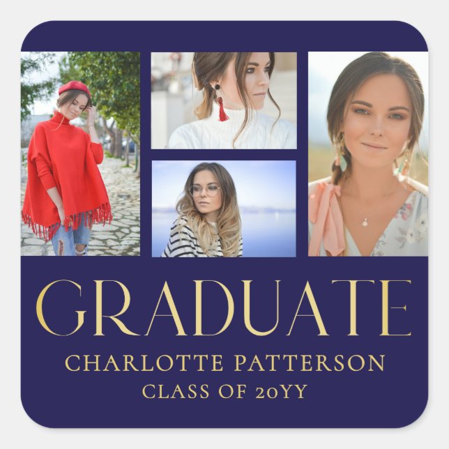 Sticker Carré Faire-part de graduation multi-photo de script sim (Devant)