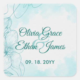 Sticker Carré Faire-part de mariage floral aquarelle sarcelle él