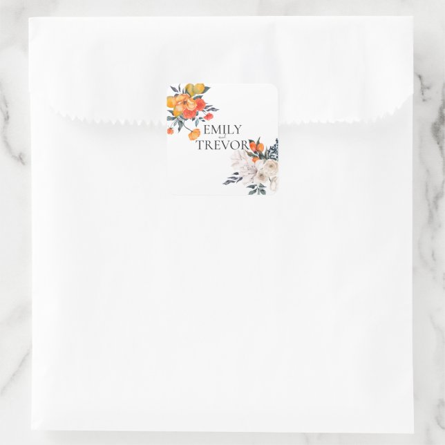 Sticker Carré Faire-part de mariage floral orange et blanc (Sac)