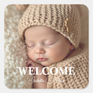 Sticker Carré Faire-part de naissance moderne gris et blanc avec