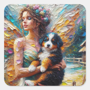 Sticker Carré Fairy and her Bernese Mountain Dog Puppy