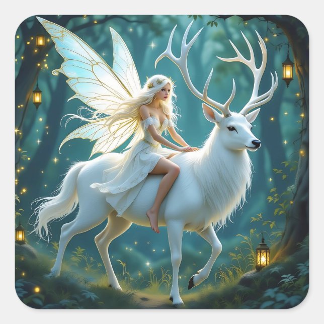 Sticker Carré Fairy and White Deer Magical Forest (Devant)
