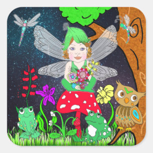 Sticker Carré Fairy Elf Girl assis sur le champignon magique