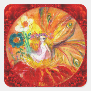 Sticker Carré FAIRY OF THE FLOWERS Red Yellow Imaginaire