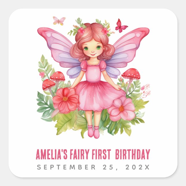 Sticker Carré Fairy Premier Anniversaire Rose jolie fille Aquare (Devant)