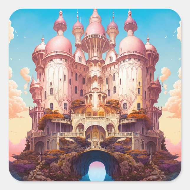 Sticker Carré Fairy Tale Castle Rose White Gold Imaginaire Art (Devant)