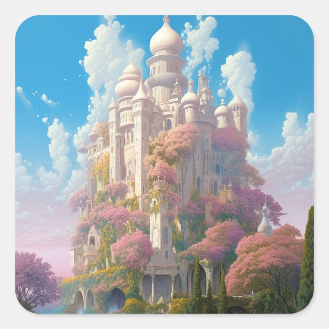 Sticker Carré Fairy Tale Castle Rose White Gold Imaginaire Art (Devant)