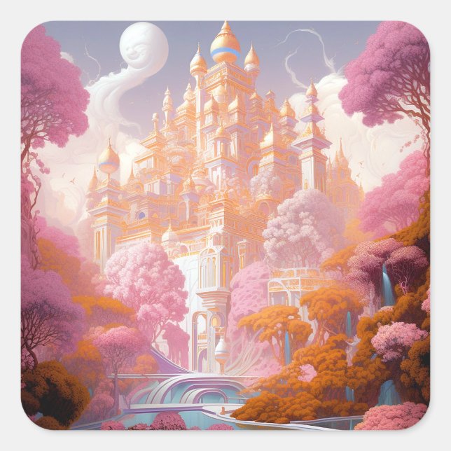 Sticker Carré Fairy Tale Castle Rose White Gold Imaginaire Art (Devant)